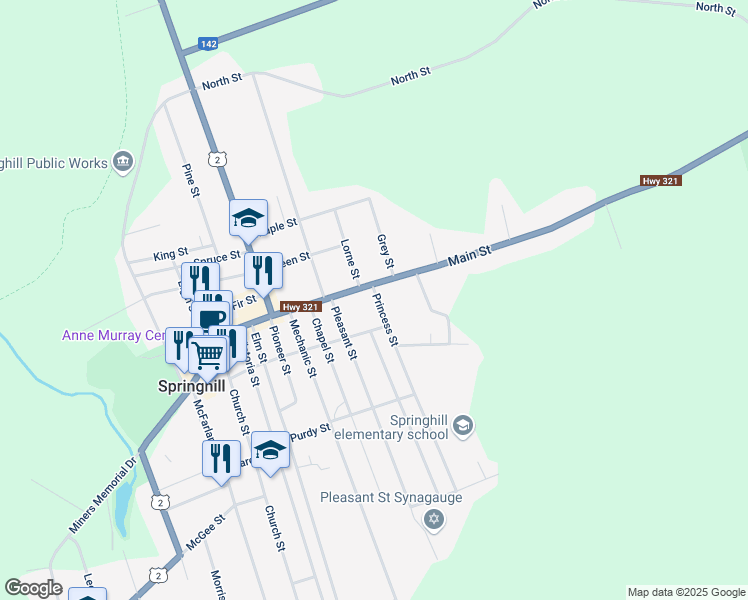 map of restaurants, bars, coffee shops, grocery stores, and more near 3 Princess Street in Springhill