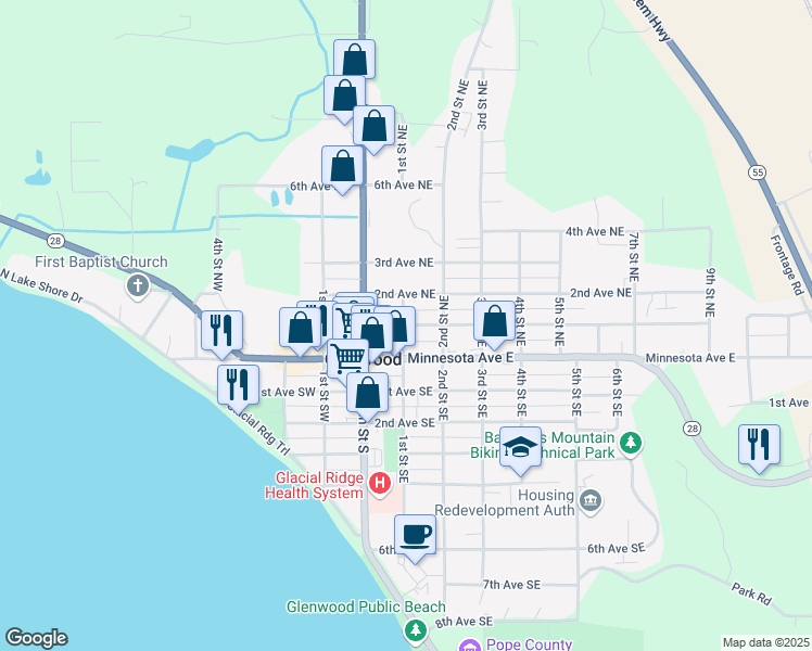 map of restaurants, bars, coffee shops, grocery stores, and more near 108 1st Avenue Northeast in Glenwood
