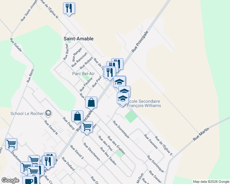 map of restaurants, bars, coffee shops, grocery stores, and more near 441 Rue de l'Église Sud in Saint-Amable
