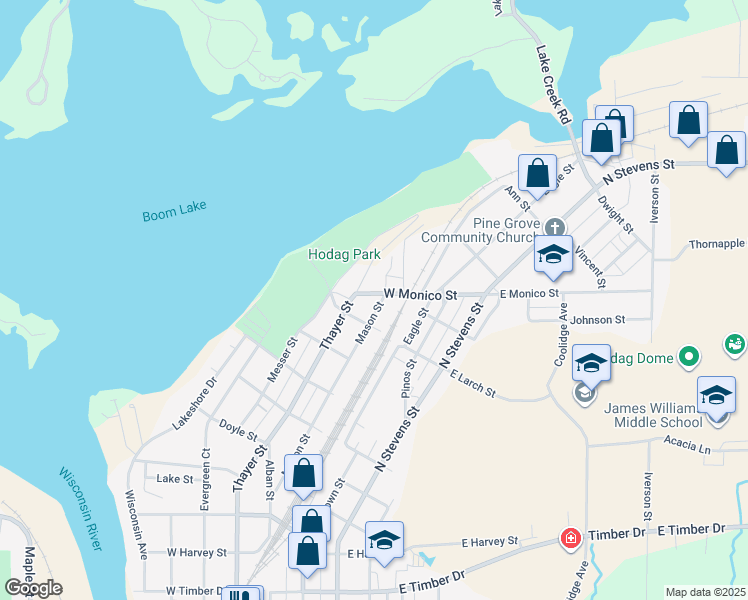 map of restaurants, bars, coffee shops, grocery stores, and more near 1128 Mason Street in Rhinelander