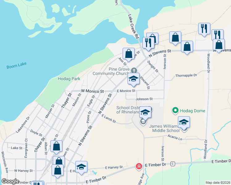 map of restaurants, bars, coffee shops, grocery stores, and more near 10 East Monico Street in Rhinelander