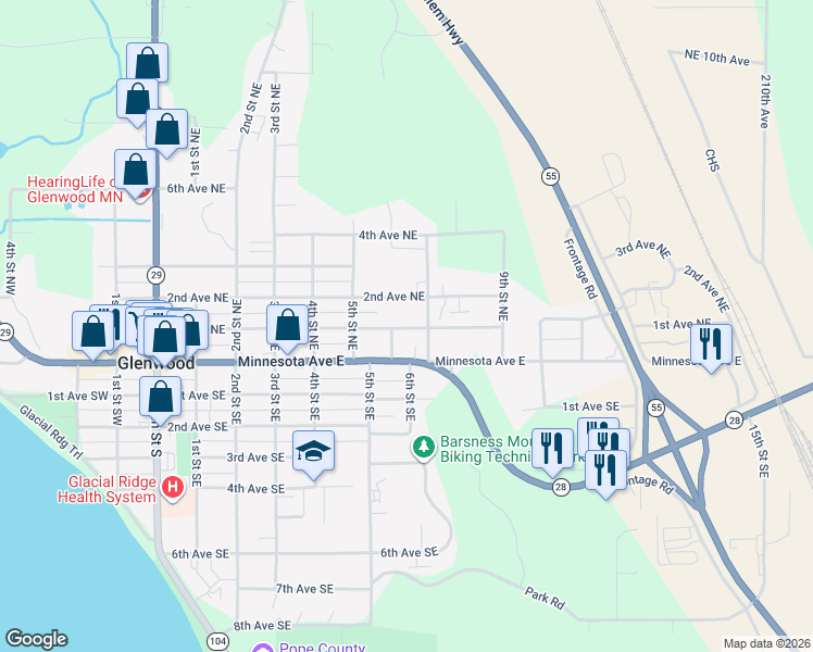 map of restaurants, bars, coffee shops, grocery stores, and more near 604 1st Avenue Northeast in Glenwood