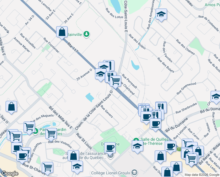 map of restaurants, bars, coffee shops, grocery stores, and more near 2 Chemin de la Côte-Saint-Louis Est in Blainville