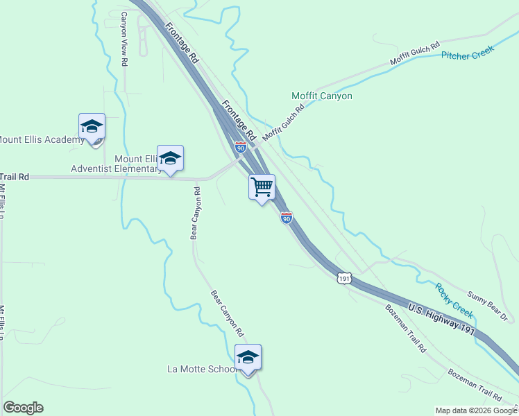 map of restaurants, bars, coffee shops, grocery stores, and more near 4160 Bozeman Trail Road in Bozeman