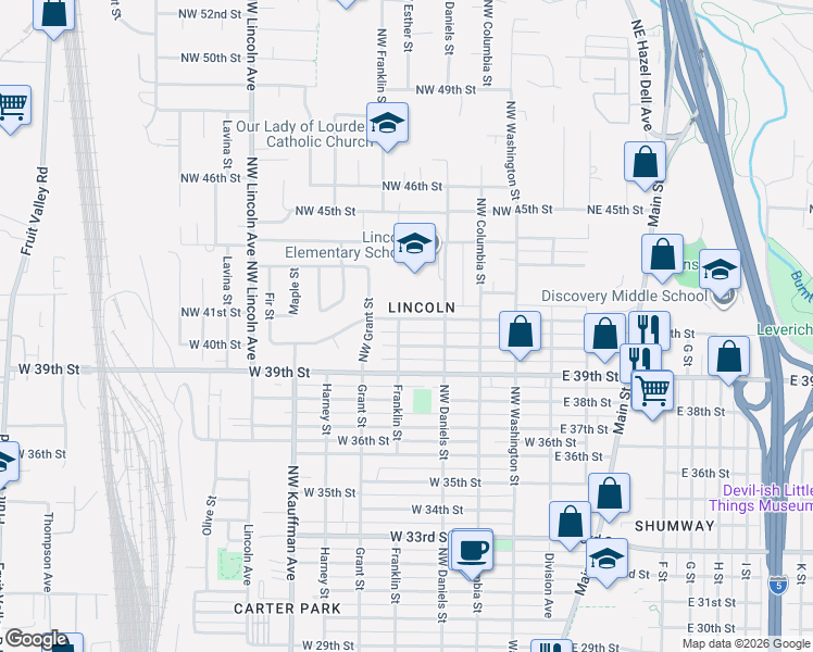 map of restaurants, bars, coffee shops, grocery stores, and more near 504 Northwest 40th Street in Vancouver