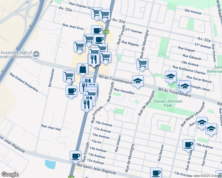 map of restaurants, bars, coffee shops, grocery stores, and more near 12651 Forsyth Street in Montreal