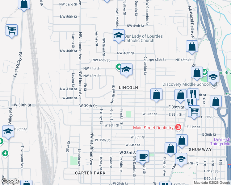 map of restaurants, bars, coffee shops, grocery stores, and more near 4005 Northwest Grant Street in Vancouver