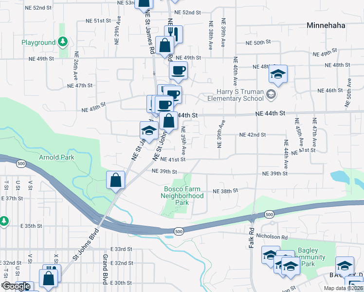 map of restaurants, bars, coffee shops, grocery stores, and more near 4100 Northeast 35th Avenue in Vancouver