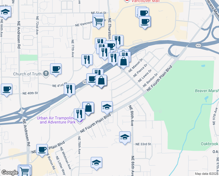 map of restaurants, bars, coffee shops, grocery stores, and more near 8200 Northeast Pierce Drive in Vancouver