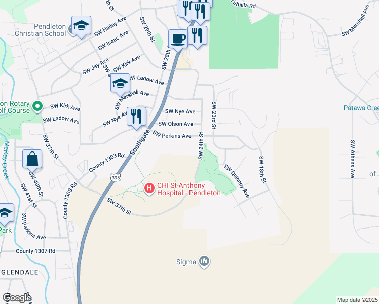 map of restaurants, bars, coffee shops, grocery stores, and more near 1713 Southwest 24th Street in Pendleton