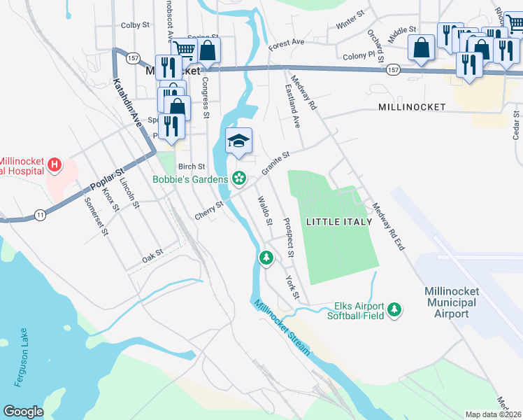 map of restaurants, bars, coffee shops, grocery stores, and more near 31 Waldo Street in Millinocket