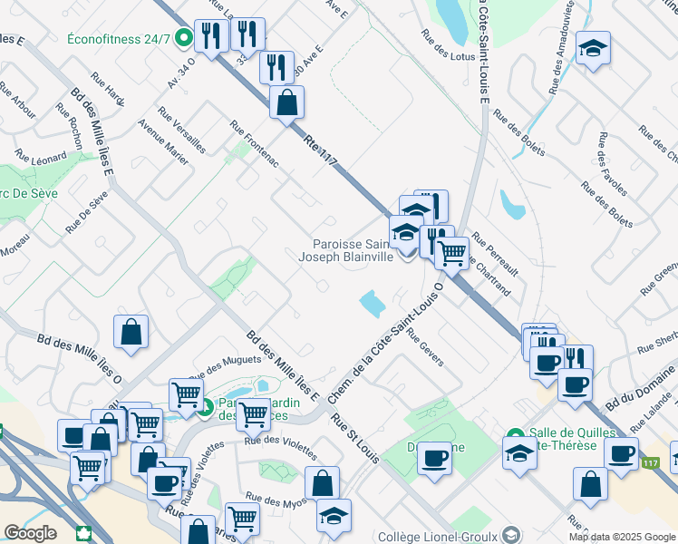map of restaurants, bars, coffee shops, grocery stores, and more near 86 Rue Montcalm in Blainville
