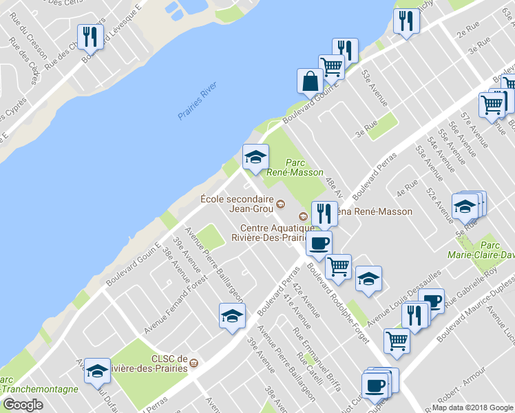 map of restaurants, bars, coffee shops, grocery stores, and more near 12724 Place Louis-Chartier in Montréal