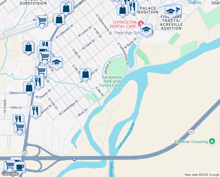 map of restaurants, bars, coffee shops, grocery stores, and more near 399 West Butte Street in Livingston