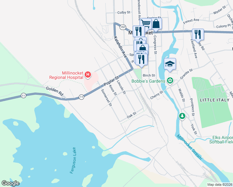 map of restaurants, bars, coffee shops, grocery stores, and more near 51 Knox Street in Millinocket