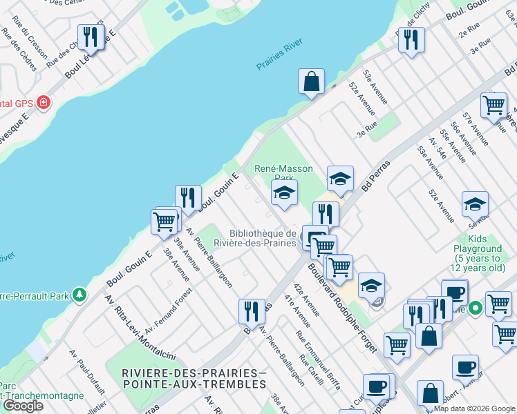 map of restaurants, bars, coffee shops, grocery stores, and more near 12724 Place Louis-Chartier in Montréal