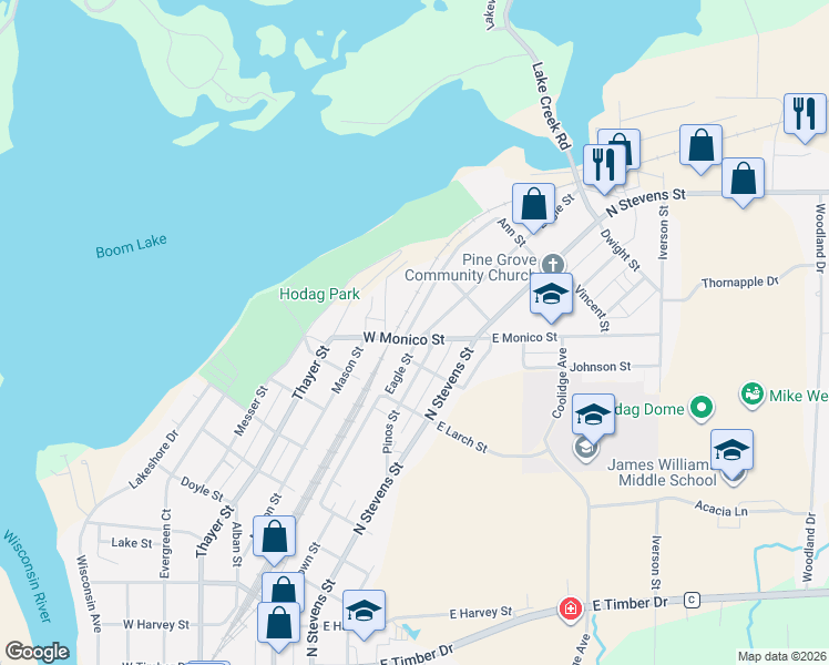 map of restaurants, bars, coffee shops, grocery stores, and more near 1101 Pinos Street in Rhinelander