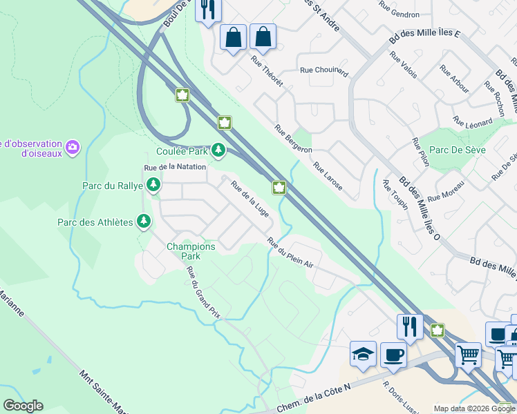 map of restaurants, bars, coffee shops, grocery stores, and more near 10552 Rue de la Luge in Mirabel