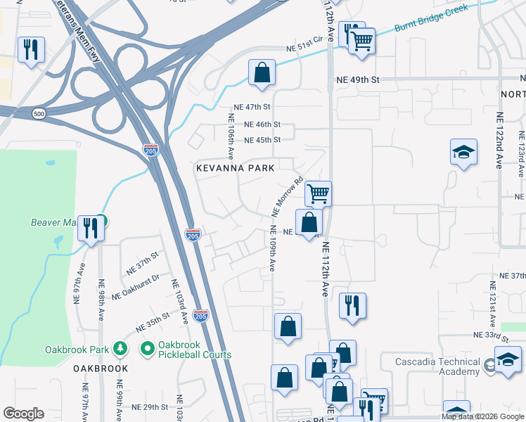 map of restaurants, bars, coffee shops, grocery stores, and more near 3910 Northeast 108th Avenue in Vancouver