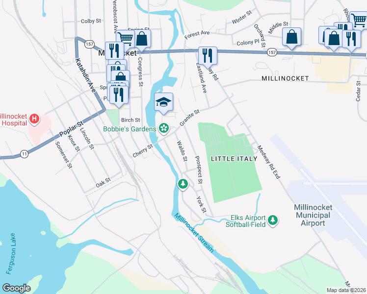 map of restaurants, bars, coffee shops, grocery stores, and more near 31 Waldo Street in Millinocket
