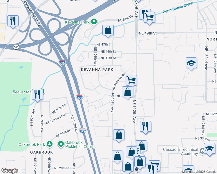 map of restaurants, bars, coffee shops, grocery stores, and more near 3910 Northeast 108th Avenue in Vancouver
