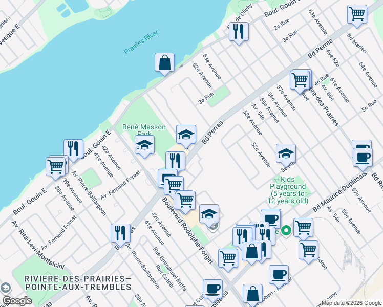 map of restaurants, bars, coffee shops, grocery stores, and more near 9183 Boulevard Perras in Montréal