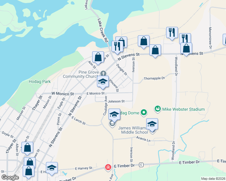 map of restaurants, bars, coffee shops, grocery stores, and more near 231 Johnson Street in Rhinelander