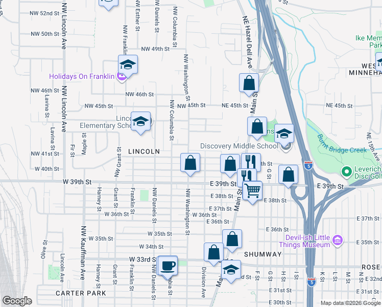 map of restaurants, bars, coffee shops, grocery stores, and more near 4101 Washington Street in Vancouver