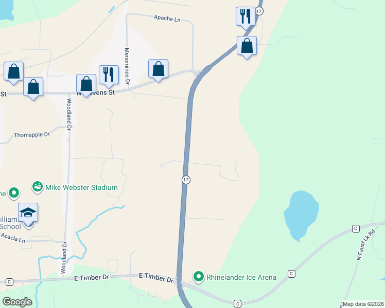 map of restaurants, bars, coffee shops, grocery stores, and more near 2097 Chippewa Drive in Rhinelander