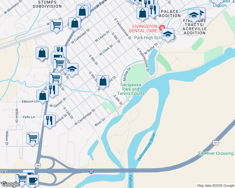 map of restaurants, bars, coffee shops, grocery stores, and more near 333-399 West Butte Street in Livingston