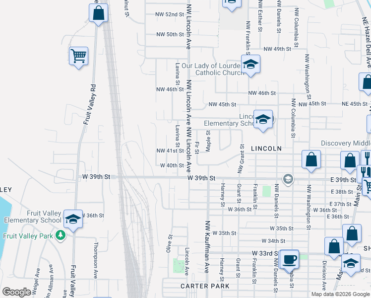 map of restaurants, bars, coffee shops, grocery stores, and more near 4202 Northwest Lavina Street in Vancouver