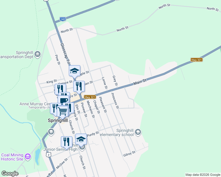map of restaurants, bars, coffee shops, grocery stores, and more near 128 Main Street in Springhill