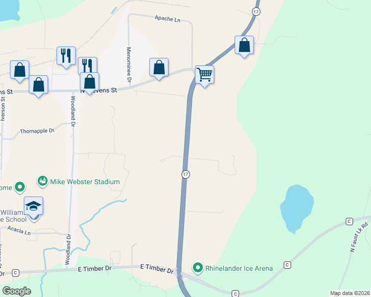 map of restaurants, bars, coffee shops, grocery stores, and more near 2097 Chippewa Drive in Rhinelander