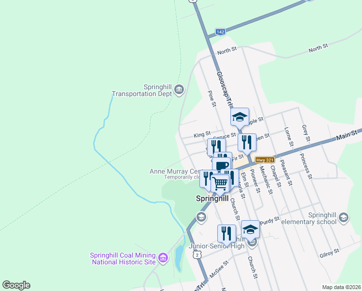 map of restaurants, bars, coffee shops, grocery stores, and more near 46 Lisgar Street in Springhill