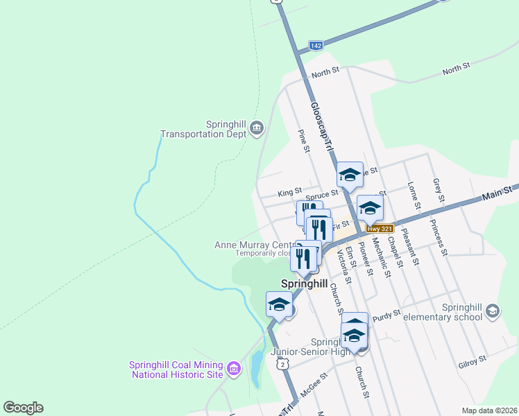 map of restaurants, bars, coffee shops, grocery stores, and more near 46 Lisgar Street in Springhill