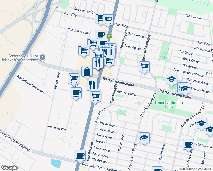 map of restaurants, bars, coffee shops, grocery stores, and more near 2200 Boulevard du Tricentenaire in Montréal