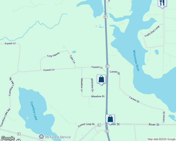 map of restaurants, bars, coffee shops, grocery stores, and more near 5863 Forest Lane in Rhinelander