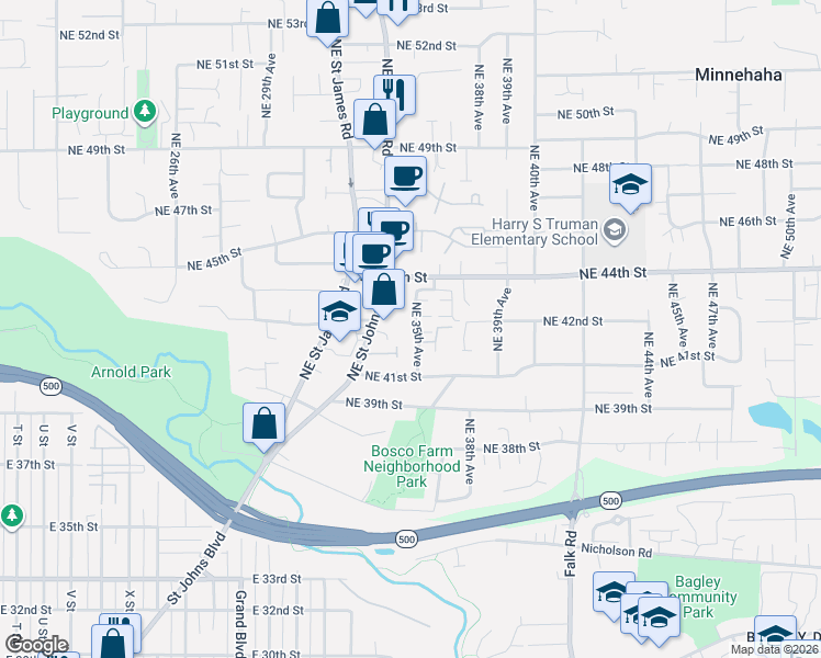map of restaurants, bars, coffee shops, grocery stores, and more near 4221 Northeast Saint Johns Road in Vancouver