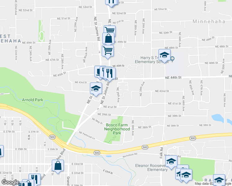 map of restaurants, bars, coffee shops, grocery stores, and more near 4221 Northeast Saint Johns Road in Vancouver