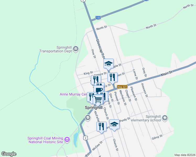 map of restaurants, bars, coffee shops, grocery stores, and more near 52 Queen Street in Springhill