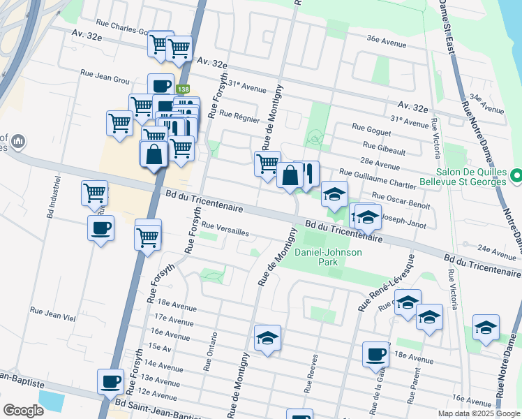 map of restaurants, bars, coffee shops, grocery stores, and more near 1725 Boulevard du Tricentenaire in Montreal