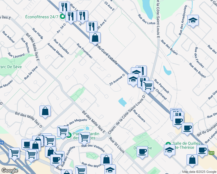 map of restaurants, bars, coffee shops, grocery stores, and more near 108 Rue Montcalm in Blainville