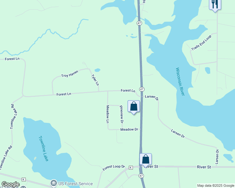 map of restaurants, bars, coffee shops, grocery stores, and more near 5863 Forest Lane in Rhinelander