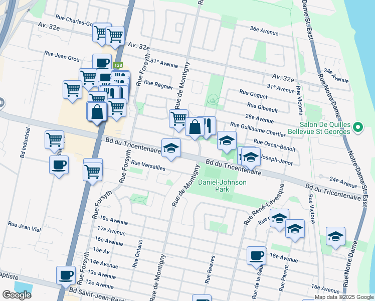map of restaurants, bars, coffee shops, grocery stores, and more near 1675 Boulevard du Tricentenaire in Montréal