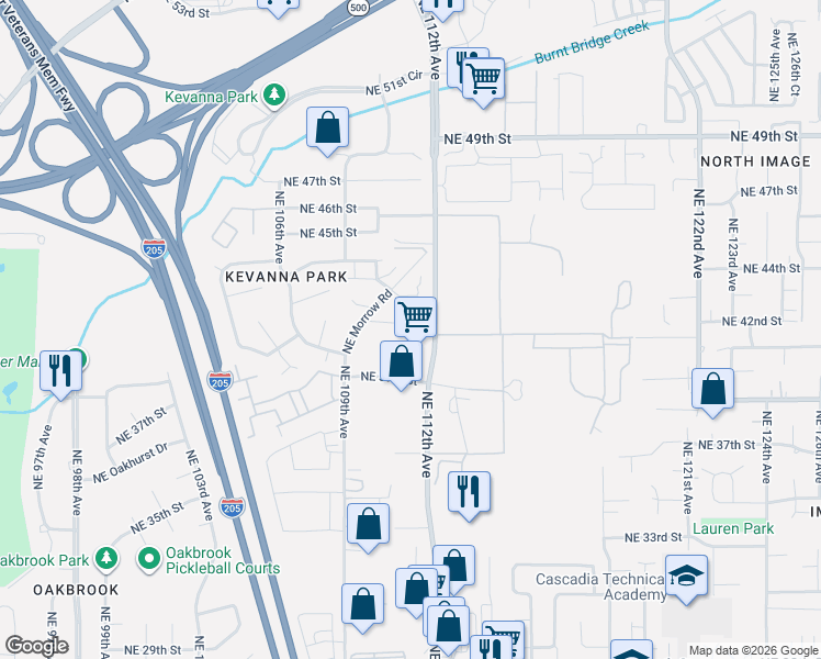 map of restaurants, bars, coffee shops, grocery stores, and more near 11102 Northeast 42nd Street in Vancouver