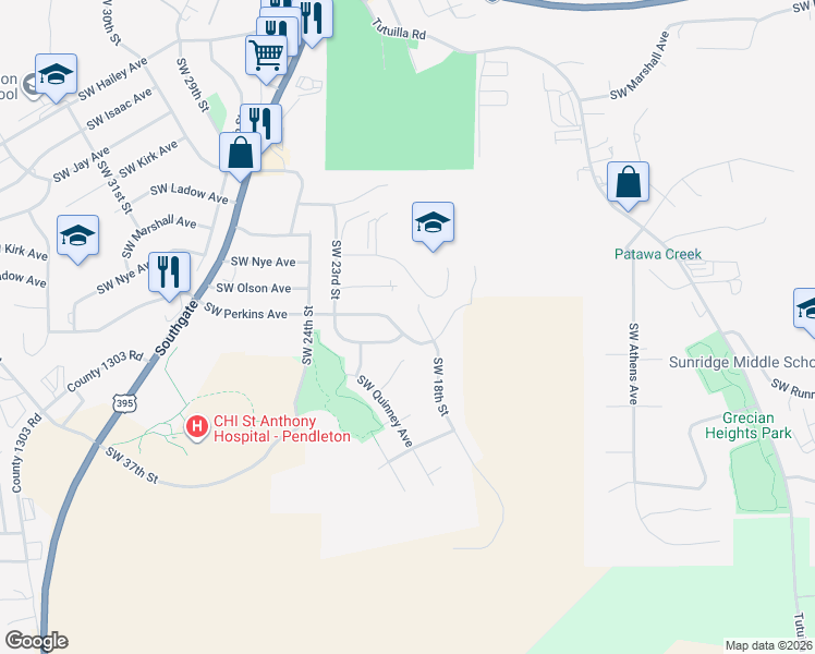 map of restaurants, bars, coffee shops, grocery stores, and more near 2009 Southwest Perkins Avenue in Pendleton