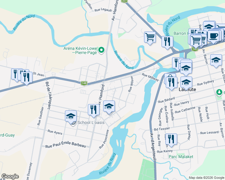 map of restaurants, bars, coffee shops, grocery stores, and more near 34 Rue Charles in Lachute