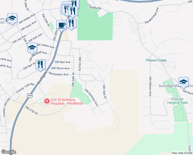 map of restaurants, bars, coffee shops, grocery stores, and more near 2009 Southwest Perkins Avenue in Pendleton