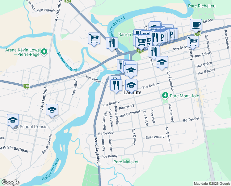 map of restaurants, bars, coffee shops, grocery stores, and more near 183 Rue Isabella in Lachute
