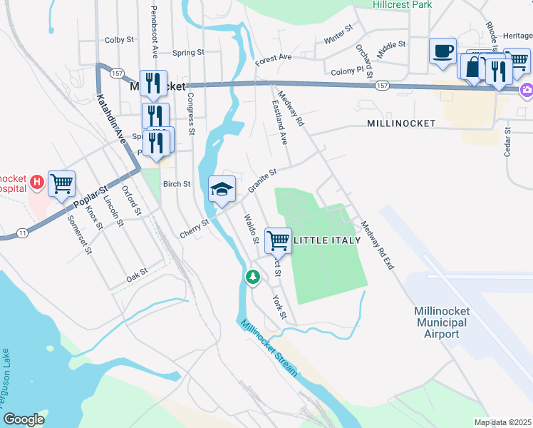 map of restaurants, bars, coffee shops, grocery stores, and more near 153 Prospect Street in Millinocket